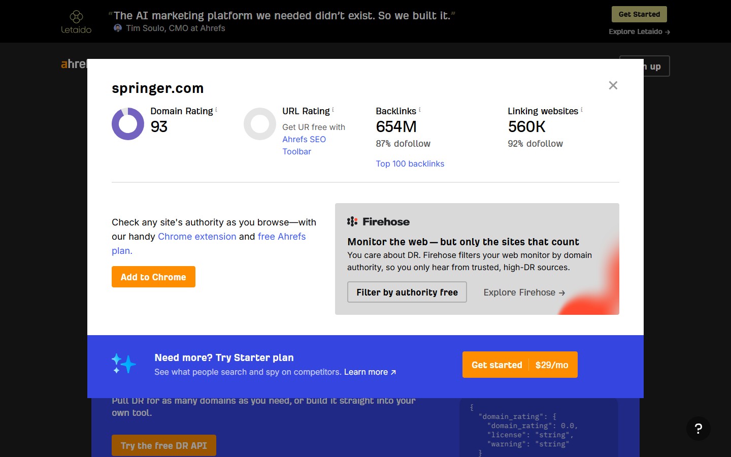 An example of the SEO metrics reported by Ahrefs Website Authority Checker. Here, Springer's domain has a Domain Rating of 93, supported by hundreds of millions of backlinks and hundreds of thousands of linking websites. Screenshot captured August 14, 2026.